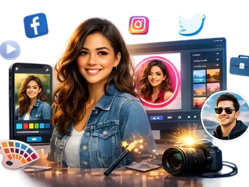 Facebook DP maker collage with golden glow circle frames and stylish portrait.