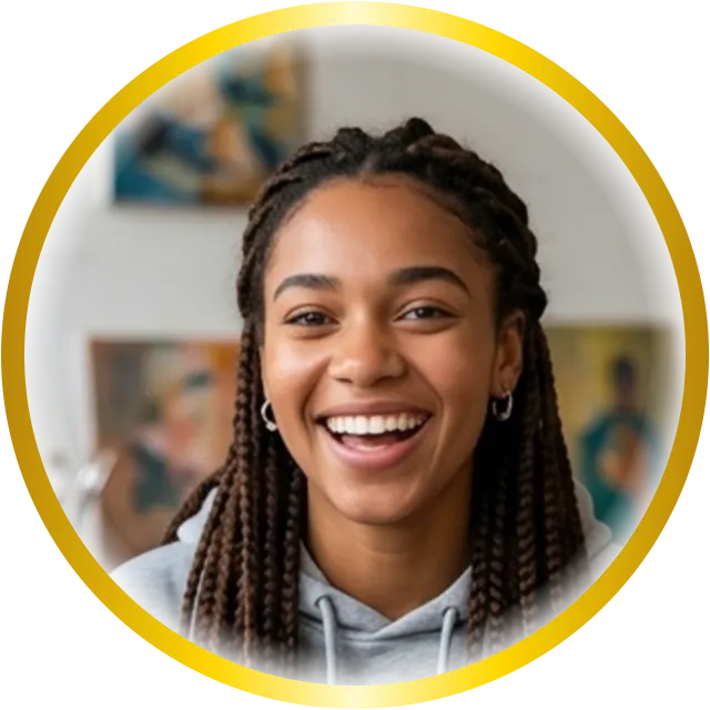 Reddit PFP maker showing a young woman with braids and a gold gradient border circle crop — free, no signup