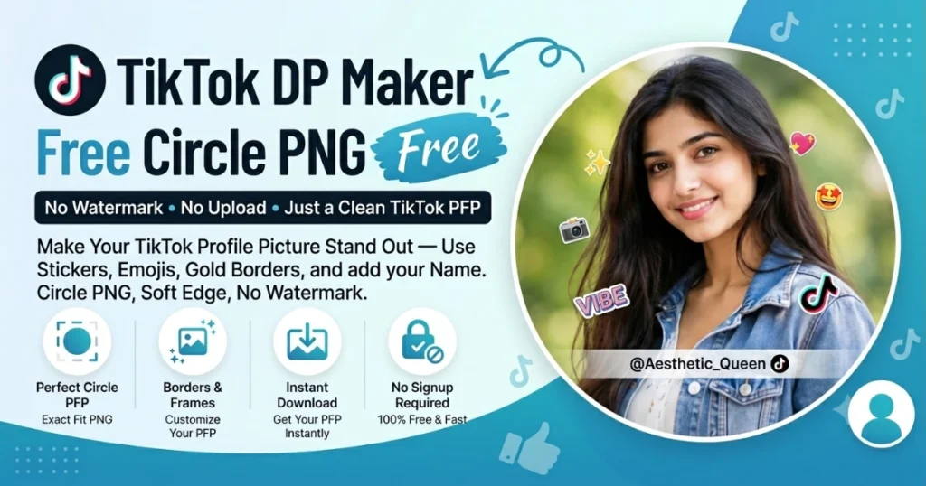 TikTok profile picture maker — free circle PNG with stickers, emojis, gold borders and soft edge. No signup, no watermark.