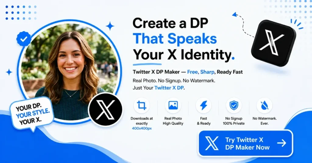 Twitter X DP maker tool banner showing a circular profile photo with blue border, highlighting free downloads, no signup, and no watermark features