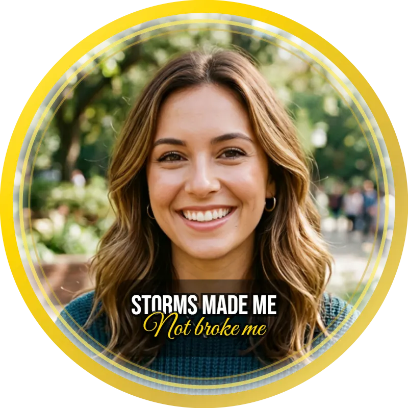Twitter X DP maker preview showing a circular profile picture with a gold ring border and the quote "Storms made me, not broke me" overlaid on a smiling woman's photo
