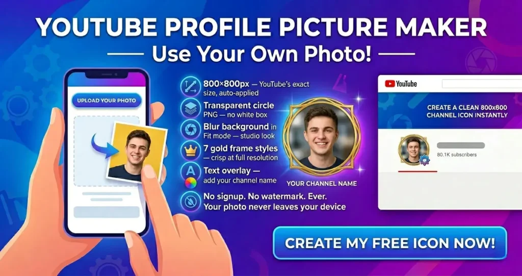 YouTube channel icon maker banner showing photo upload, gold frame circle crop, transparent PNG output and feature highlights