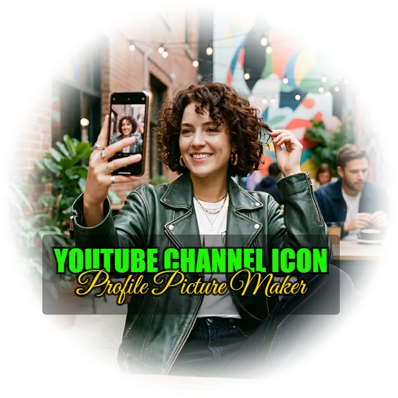 YouTube profile picture maker showing a woman's photo cropped into a soft-edge transparent circle with bold text overlay