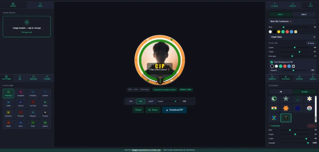 Cockroach Janta Party DP editor showing cockroach sticker, text overlay, and platform selection for cockroach janta party photo editing